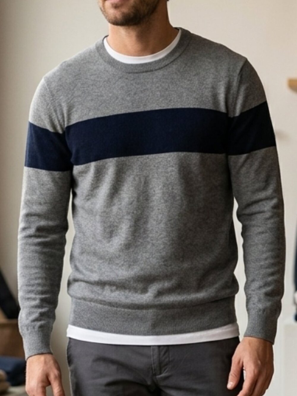 Rorie Whelan Gray Navy Colorblock Stripe Crewneck Pullover Sweater Size L Large